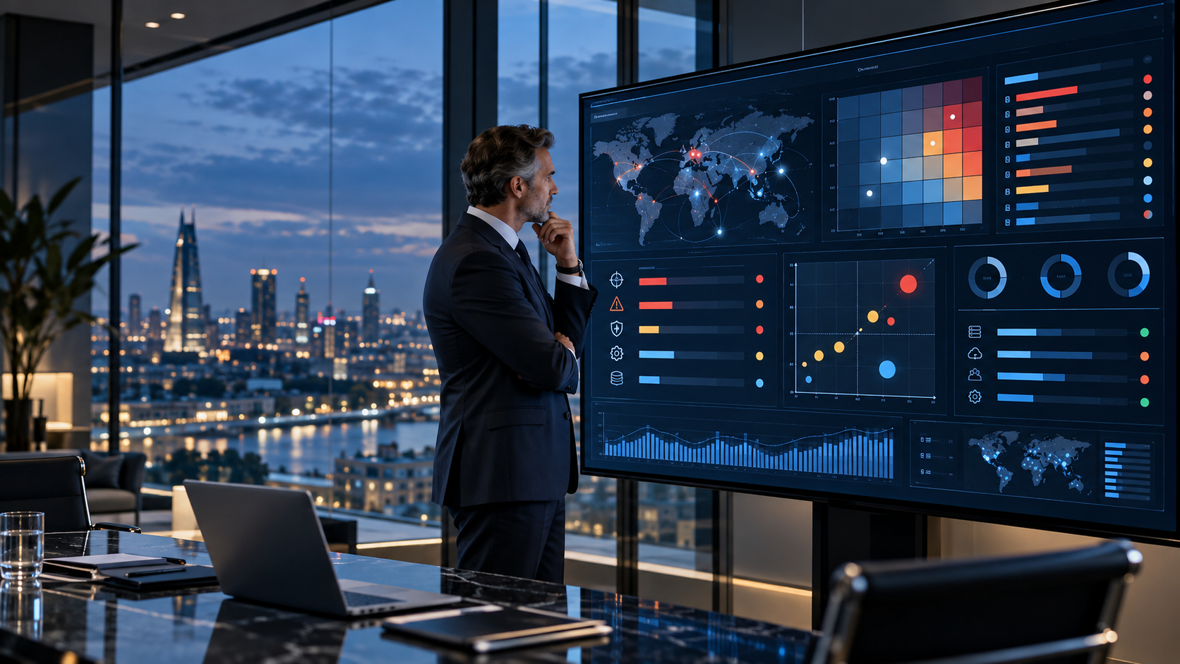 Dirigeant analysant un tableau de bord cybernétique affichant une carte, une matrice de risques et des indicateurs numériques.